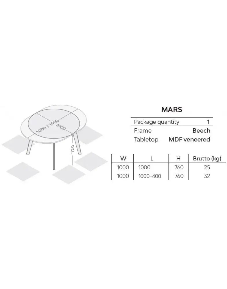 שולחן עגול קוטר 100 ס"מ נפתח 140 ס"מ דגם Mars מבית S.R