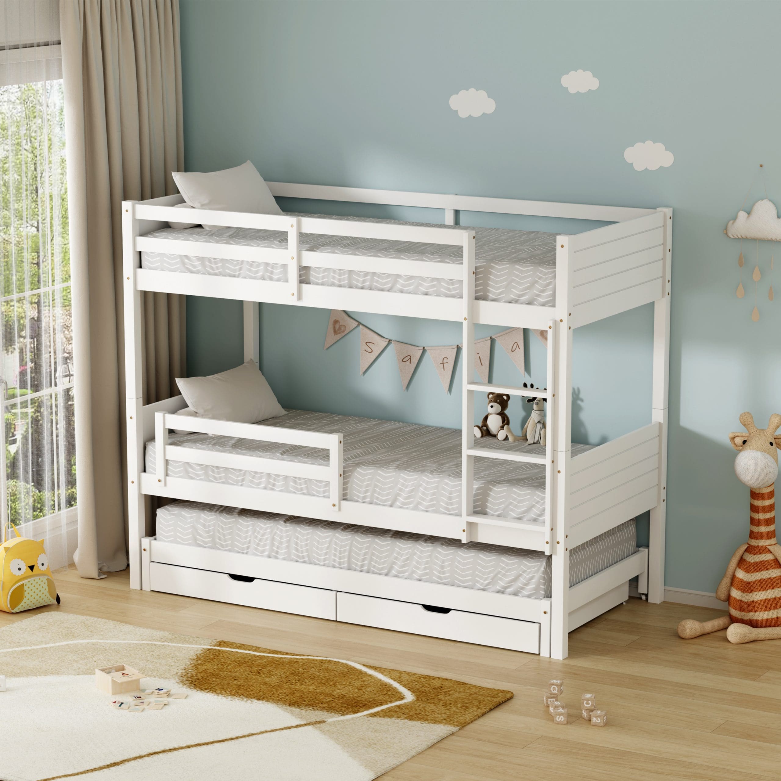 מיטת קומותיים מעץ מלא עם מיטת חבר, מגירות אחסון ו-3 מזרנים – דגם אוליבר