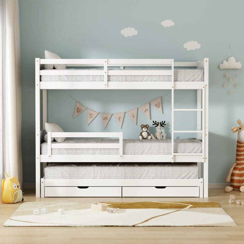 מיטת קומותיים מעץ מלא עם מיטת חבר, מגירות אחסון ו-3 מזרנים – דגם אוליבר