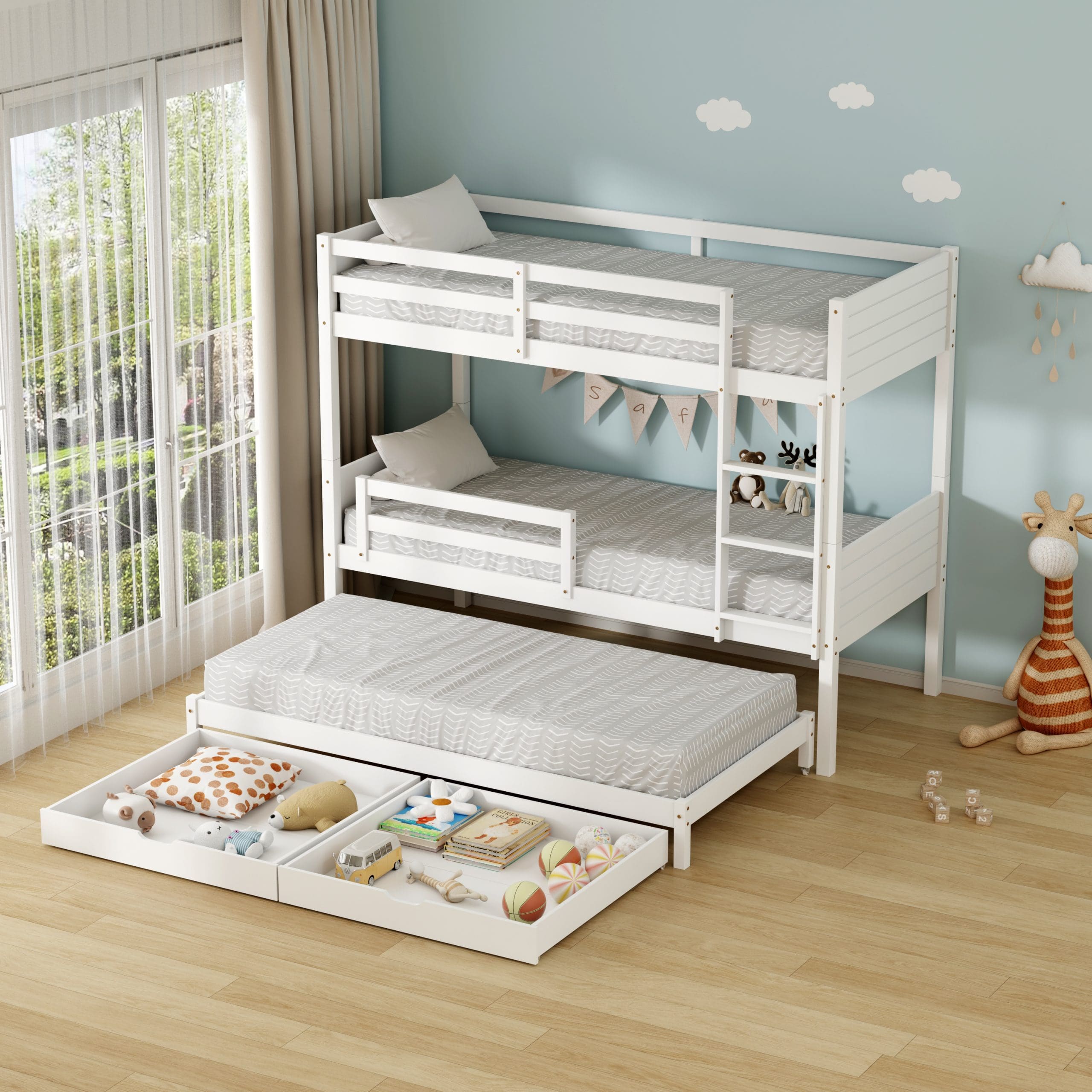 מיטת קומותיים מעץ מלא עם מיטת חבר, מגירות אחסון ו-3 מזרנים – דגם אוליבר