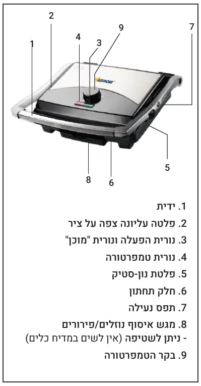 טוסטר לחיצה/גריל 4 פרוסות 2000W דגם 600501-003 מבית ARROW