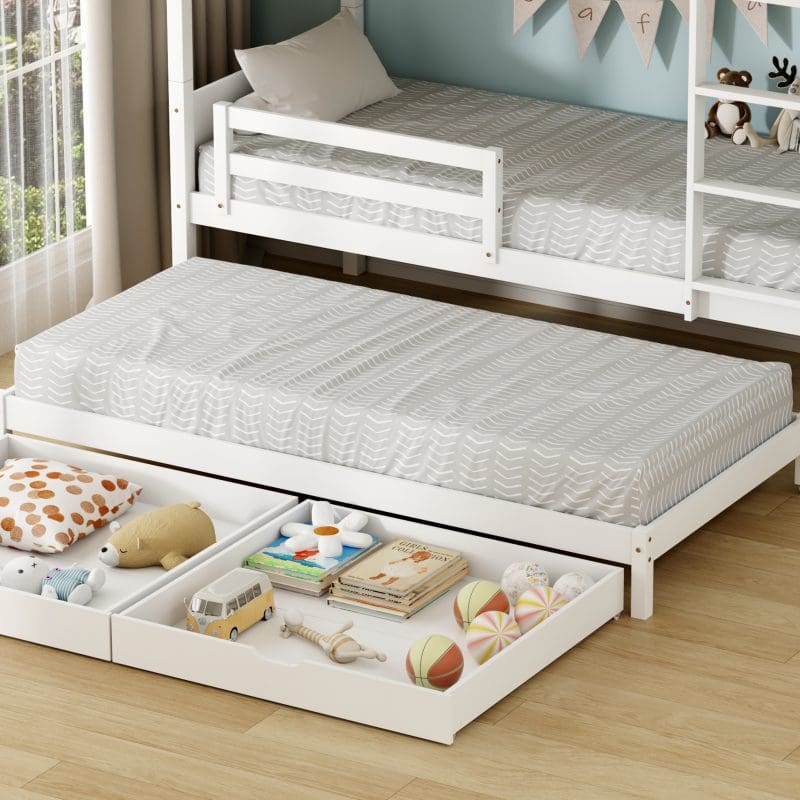 מיטת קומותיים מעץ מלא עם מיטת חבר, מגירות אחסון ו-3 מזרנים – דגם אוליבר