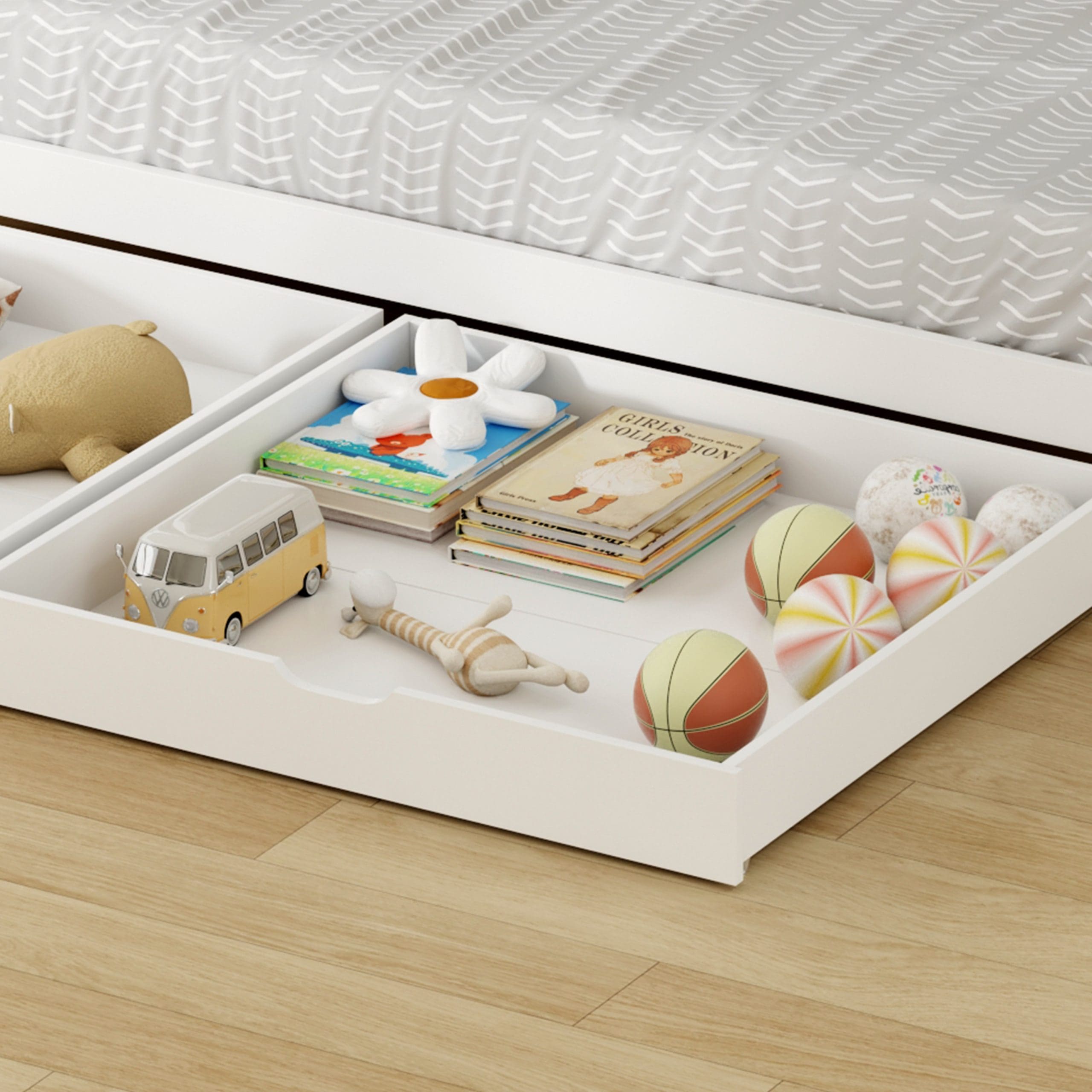 מיטת קומותיים מעץ מלא עם מיטת חבר, מגירות אחסון ו-3 מזרנים – דגם אוליבר