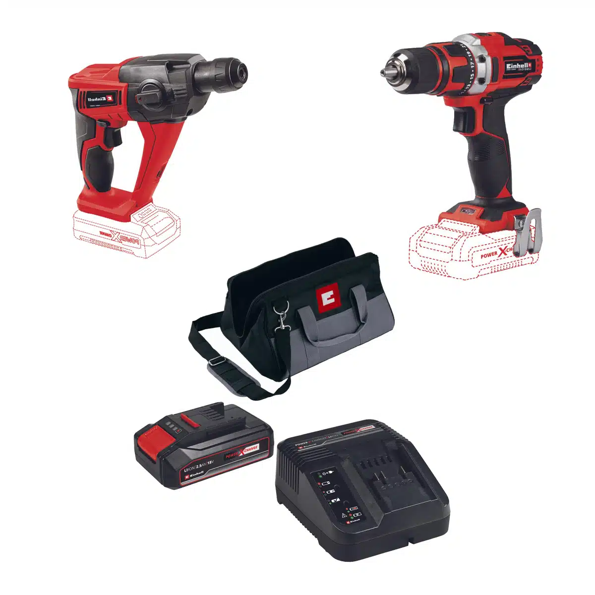 סט 2 כלים נטען - מברגת/מקדחה 18V ופטישון 18V דגם 2LD מבית EINHELL
