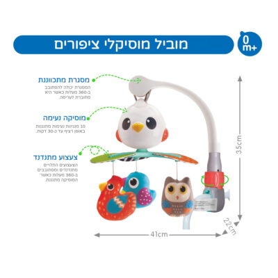 מובייל מוסיקלי ציפורים - Musical Cot Mobile with Bird Toys מבית Hola Toys