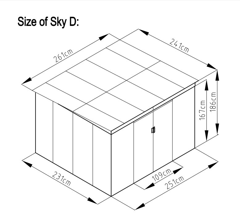 מחסן מתכת סקיילייט במידות 2.61X2.41 דגם SkyD מבית Garden Top