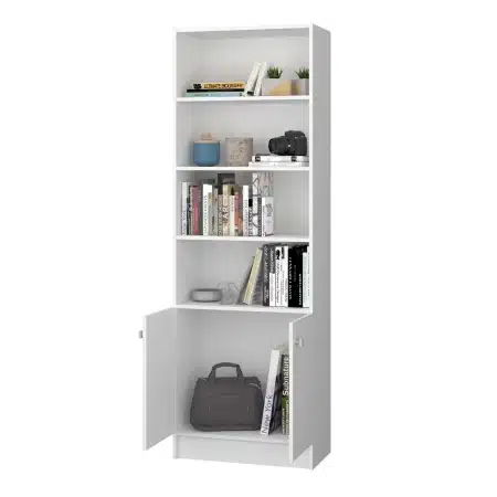 ספרייה לבנה עם 4 מדפים ודלתות אחסון דגם TERRA מבית BRADEX