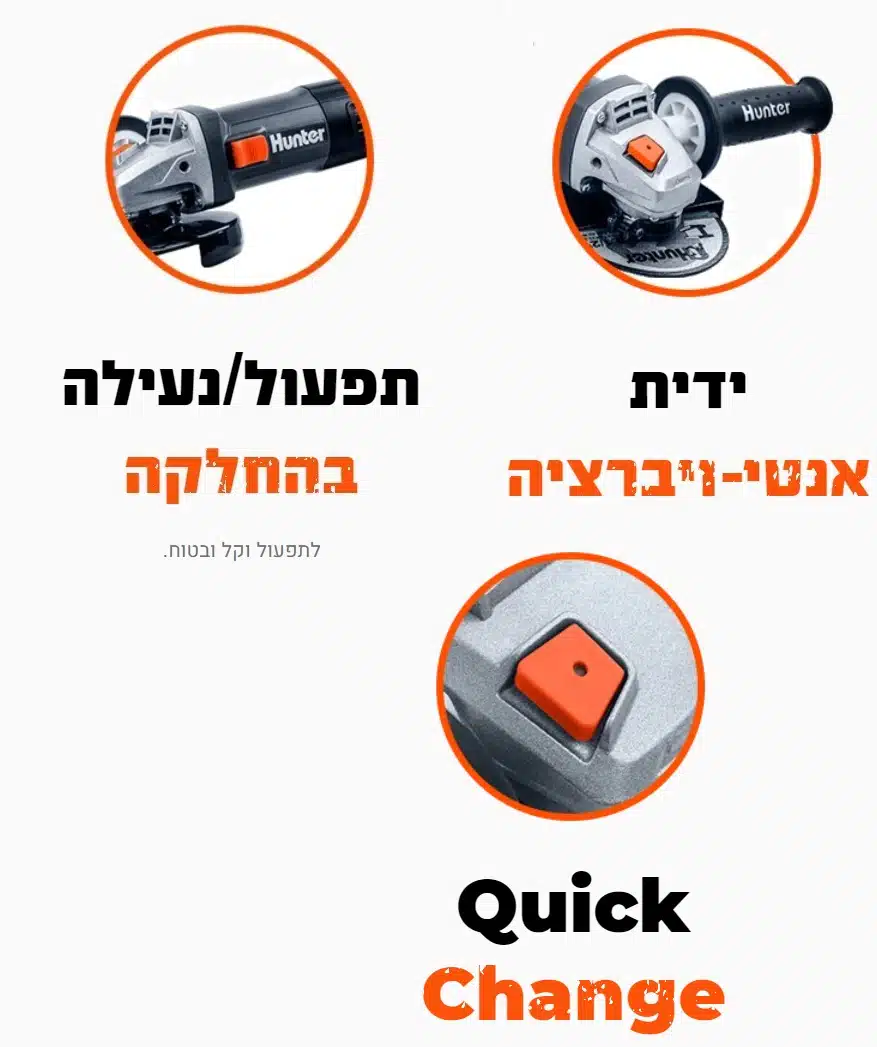משחזת זוית חשמלית 4.5" 850W דגם 100411-019 מבית Hunter משחזת זוית חשמלית 4.5" 850W דגם 100411-019 מבית Hunter