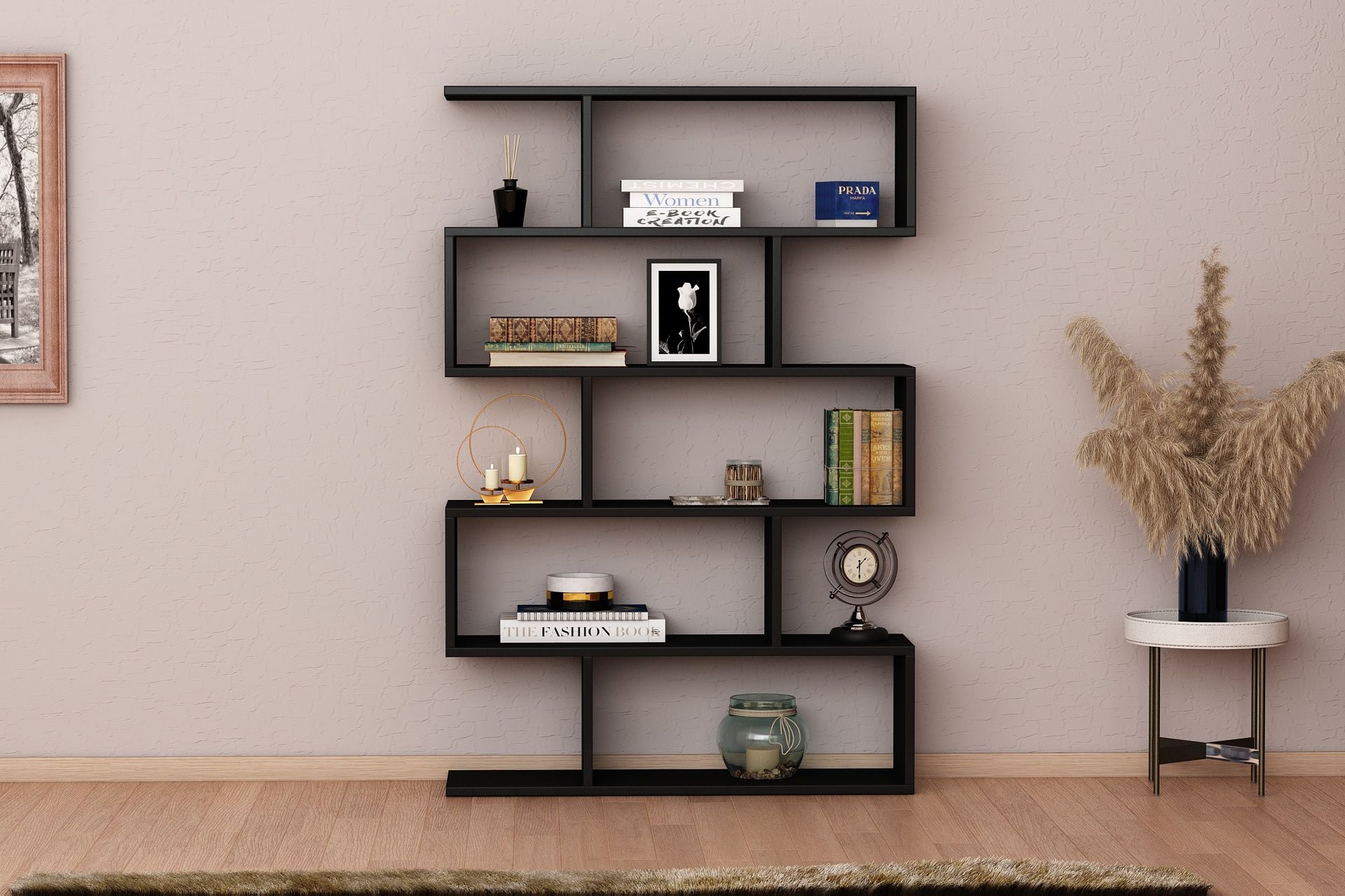 כוננית מדפים מעוצבת זיגזג דגם ורד שחור מבית Tudo Design