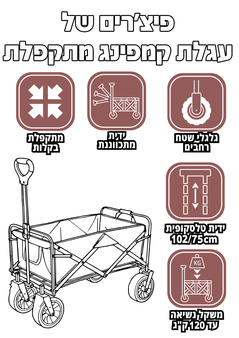 עגלת קמפינג 120 ק"ג ידית טלסקופית דגם Rose מבית Klips