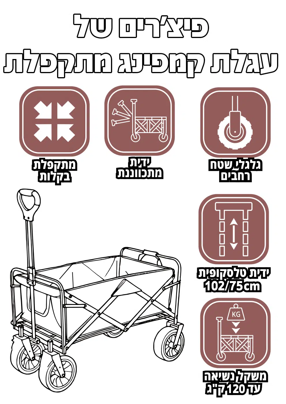 עגלת קמפינג 120 ק"ג ידית טלסקופית דגם Rose מבית Klips עגלת קמפינג 120 ק"ג ידית טלסקופית דגם Rose מבית Klips