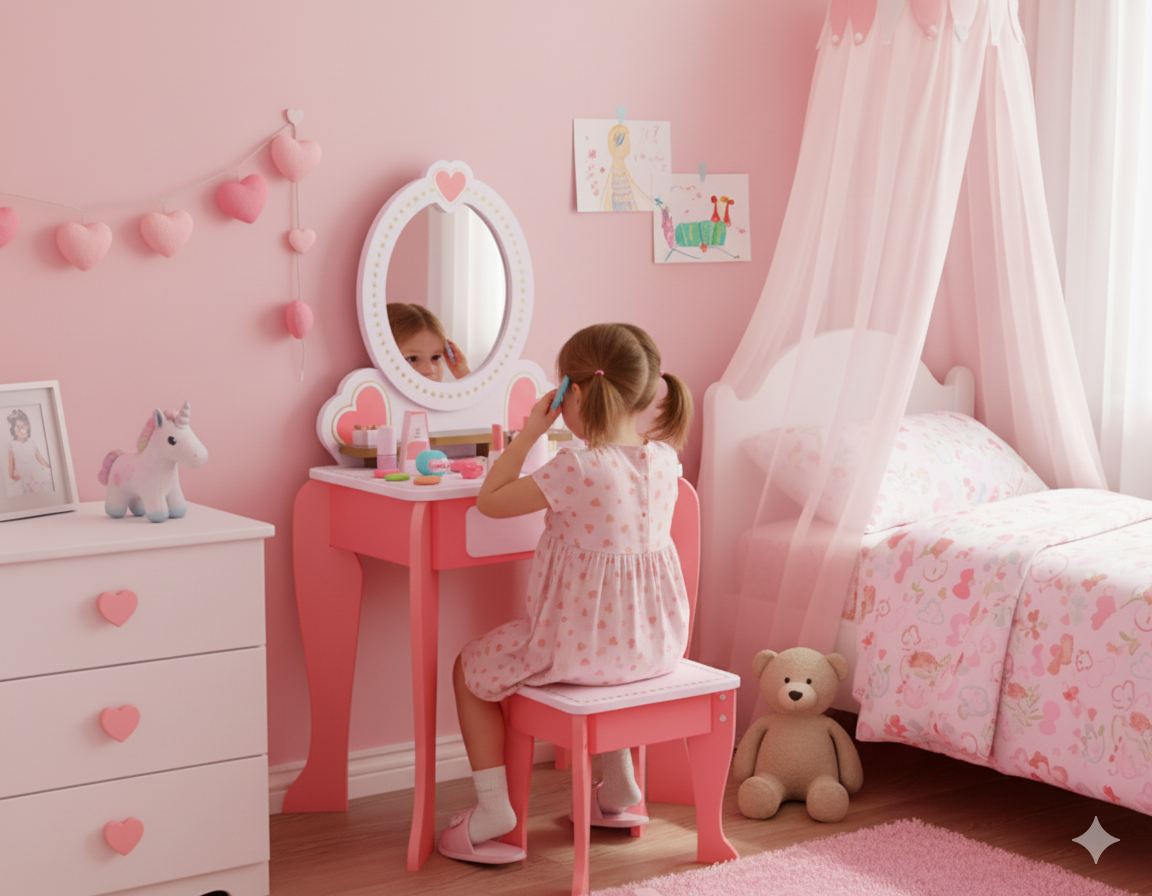 שידת איפור מעץ לילדים דגם לבבות ורוד דגם BUBU