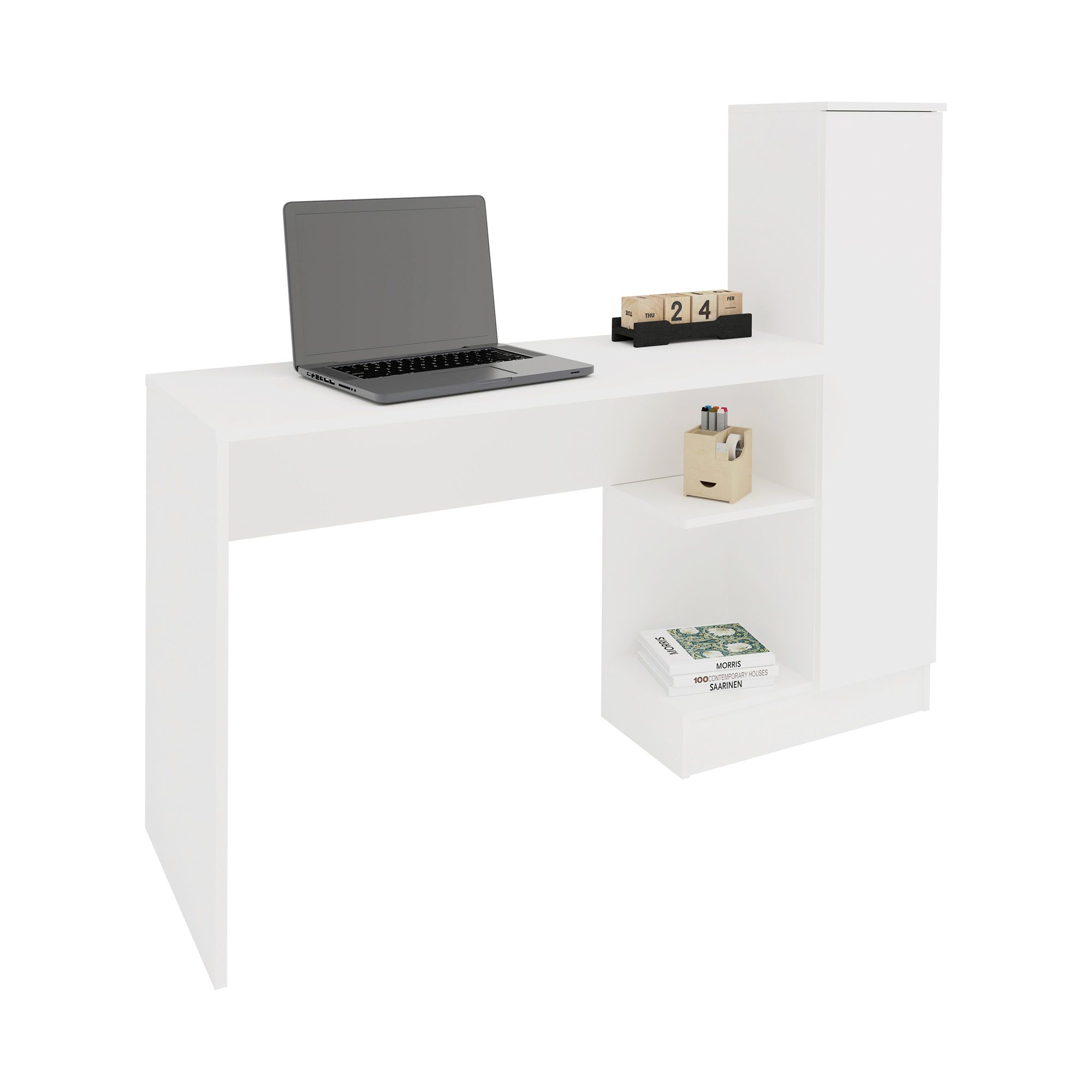 שולחן כתיבה עם ארונית צד ומדפים צבע לבן שלג דגם בריסל TUDO DESIGN