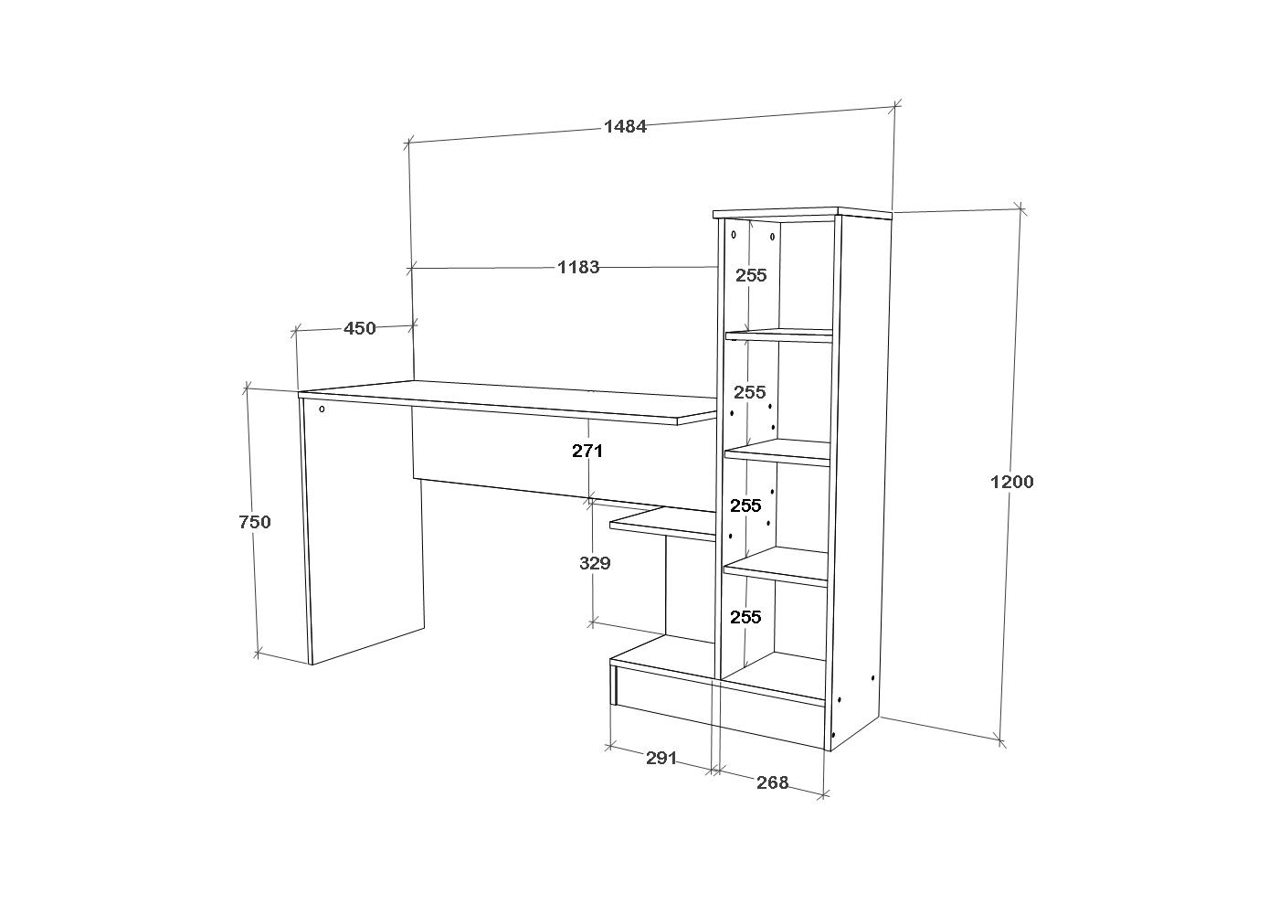 שולחן כתיבה עם ארונית צד ומדפים צבע לבן שלג דגם בריסל TUDO DESIGN