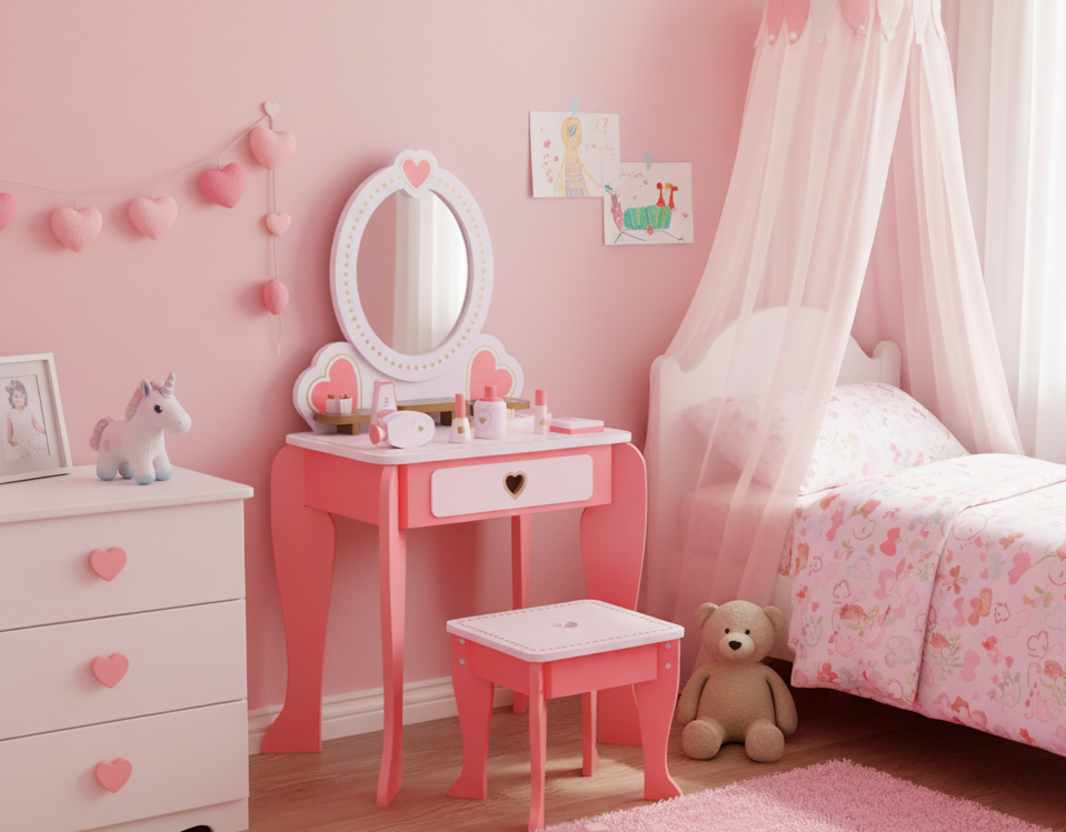 שידת איפור מעץ לילדים דגם לבבות ורוד דגם BUBU