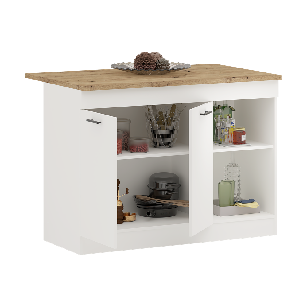 אי למטבח עם אחסון ופינת אוכל ל-2 סועדים בגוון לבן בשילוב אלון ברוחב 122 ס"מ דגם רותם ROTEM מבית טודו דיזיין