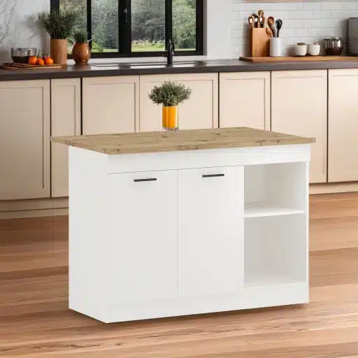 אי למטבח עם אחסון ופינת אוכל ל-2 סועדים בגוון לבן בשילוב אלון ברוחב 122 ס"מ דגם רותם ROTEM מבית טודו דיזיין
