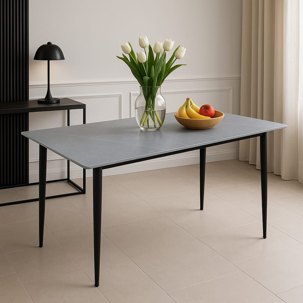 שולחן אוכל פלטת קרמיקה בגוון שיש אפור ורגלי מתכת 120/70 ס"מ דגם אוסלו מבית טודו דיזיין