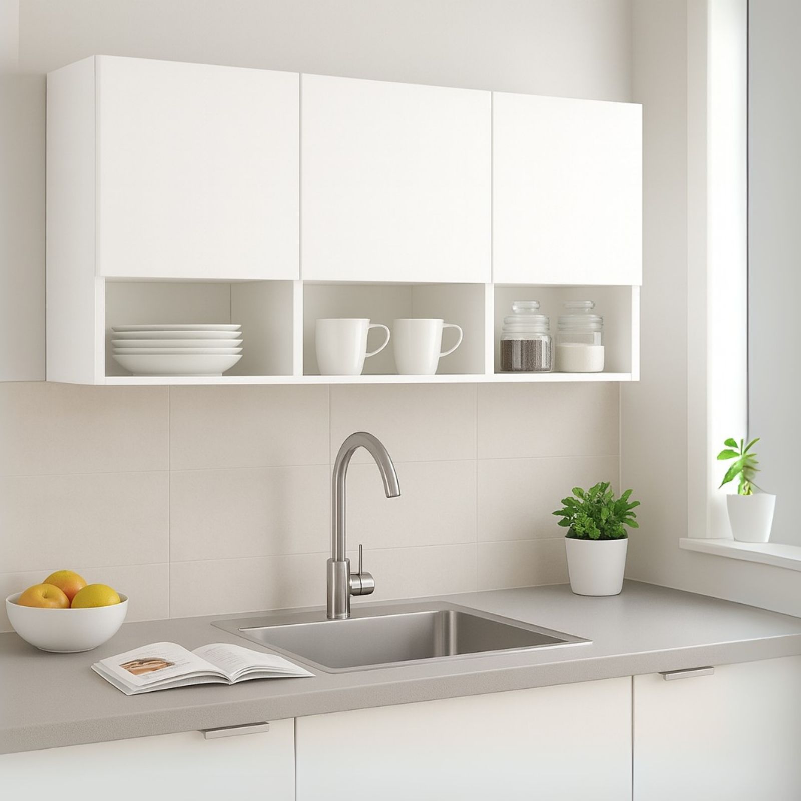 ארון שירות עליון 3 דלתות ומדף פתוח ברוחב 144 ס"מ דגם אורביט מבית TUDO DESIGN