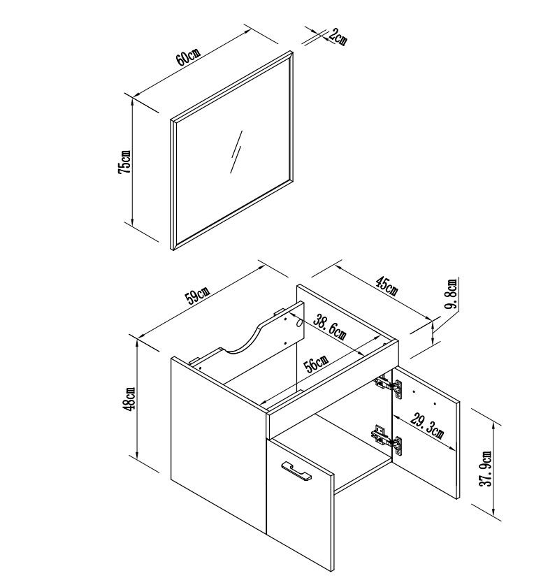 ארון אמבטיה תלוי ברוחב 60 ס"מ כולל כיור חרס ומראה מבית טודו דיזיין דגם יסמין