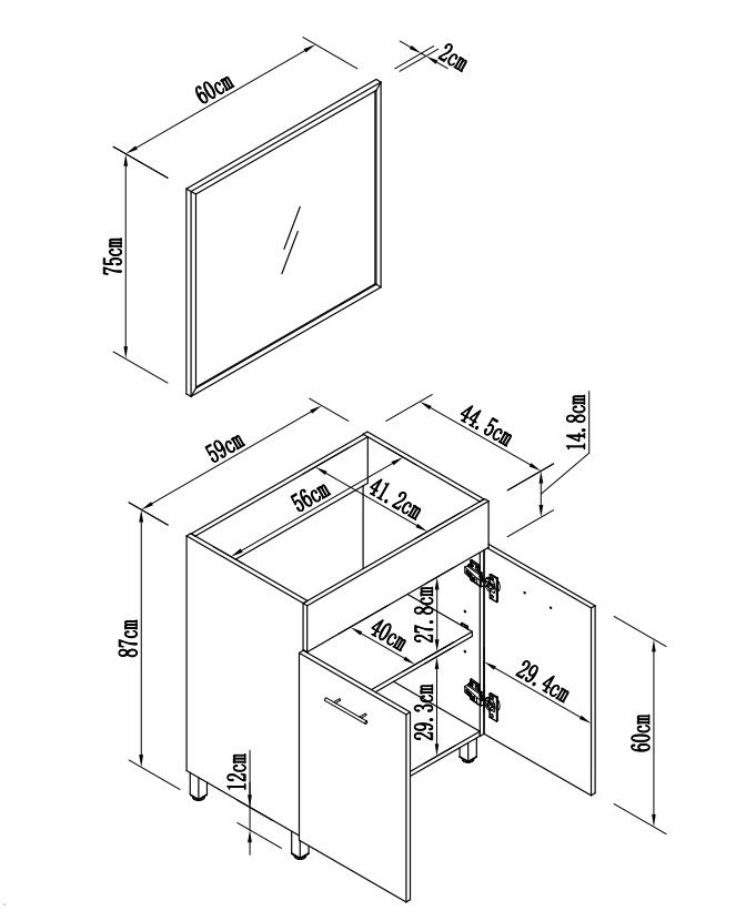 ארון אמבטיה עומד 60 ס"מ עם כיור חרס ומראה דגם לוטוס Lotus מבית טודו דיזיין
