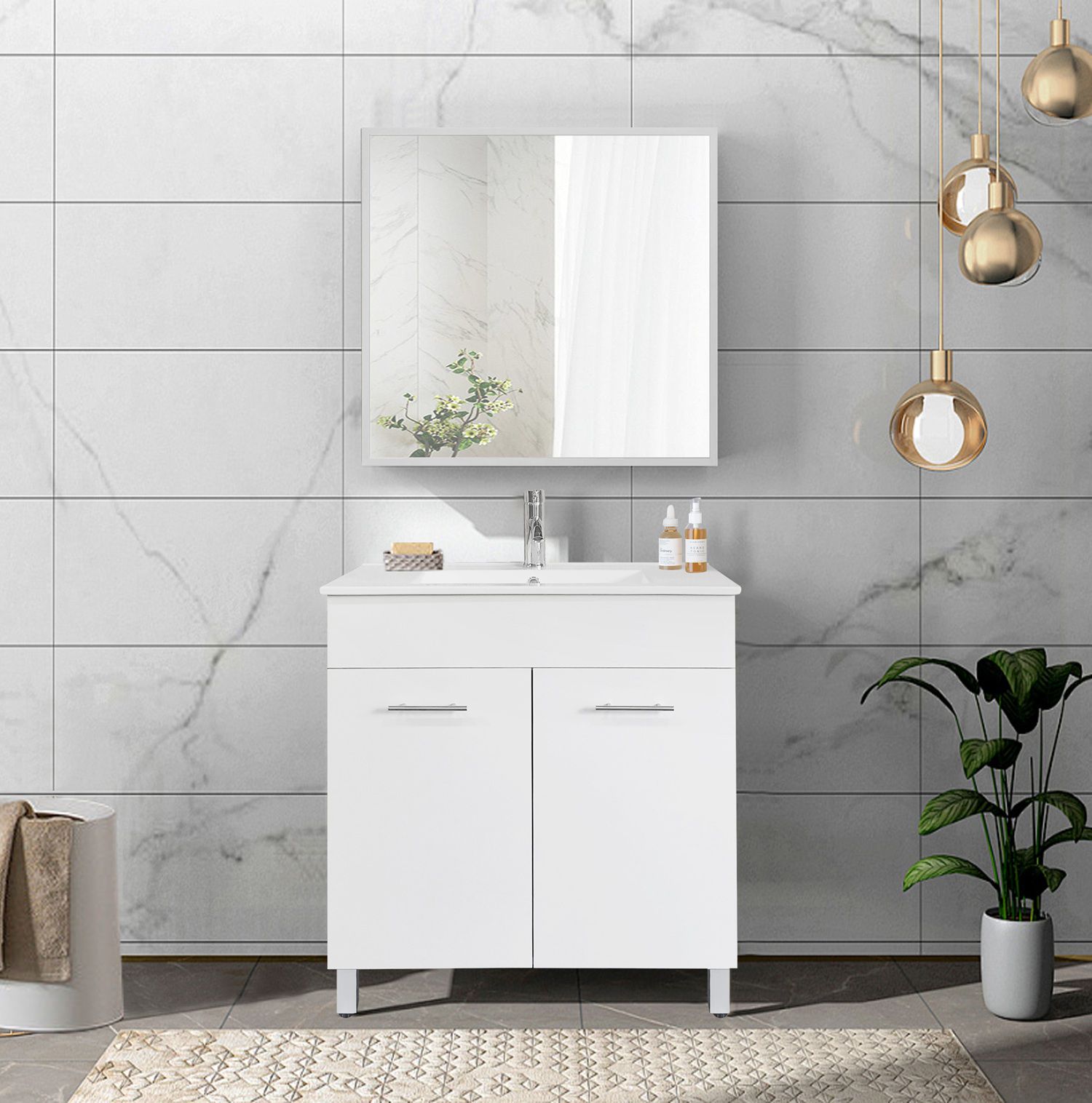 ארון אמבטיה עומד 80 ס"מ עם כיור חרס ומראה דגם לוטוס Lotus מבית טודו דיזיין