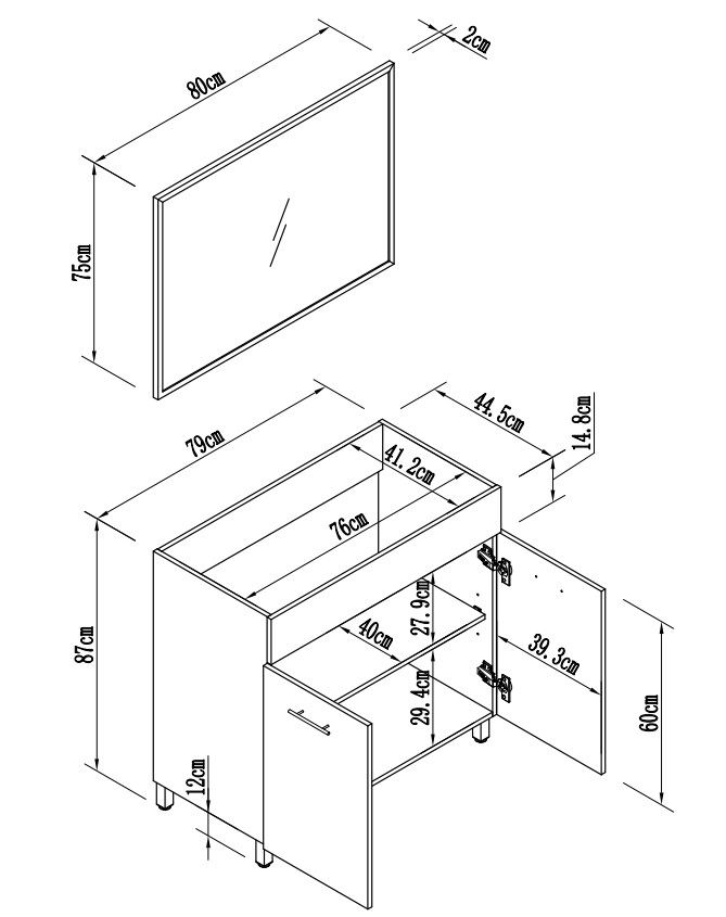 ארון אמבטיה עומד 80 ס"מ עם כיור חרס ומראה דגם לוטוס Lotus מבית טודו דיזיין