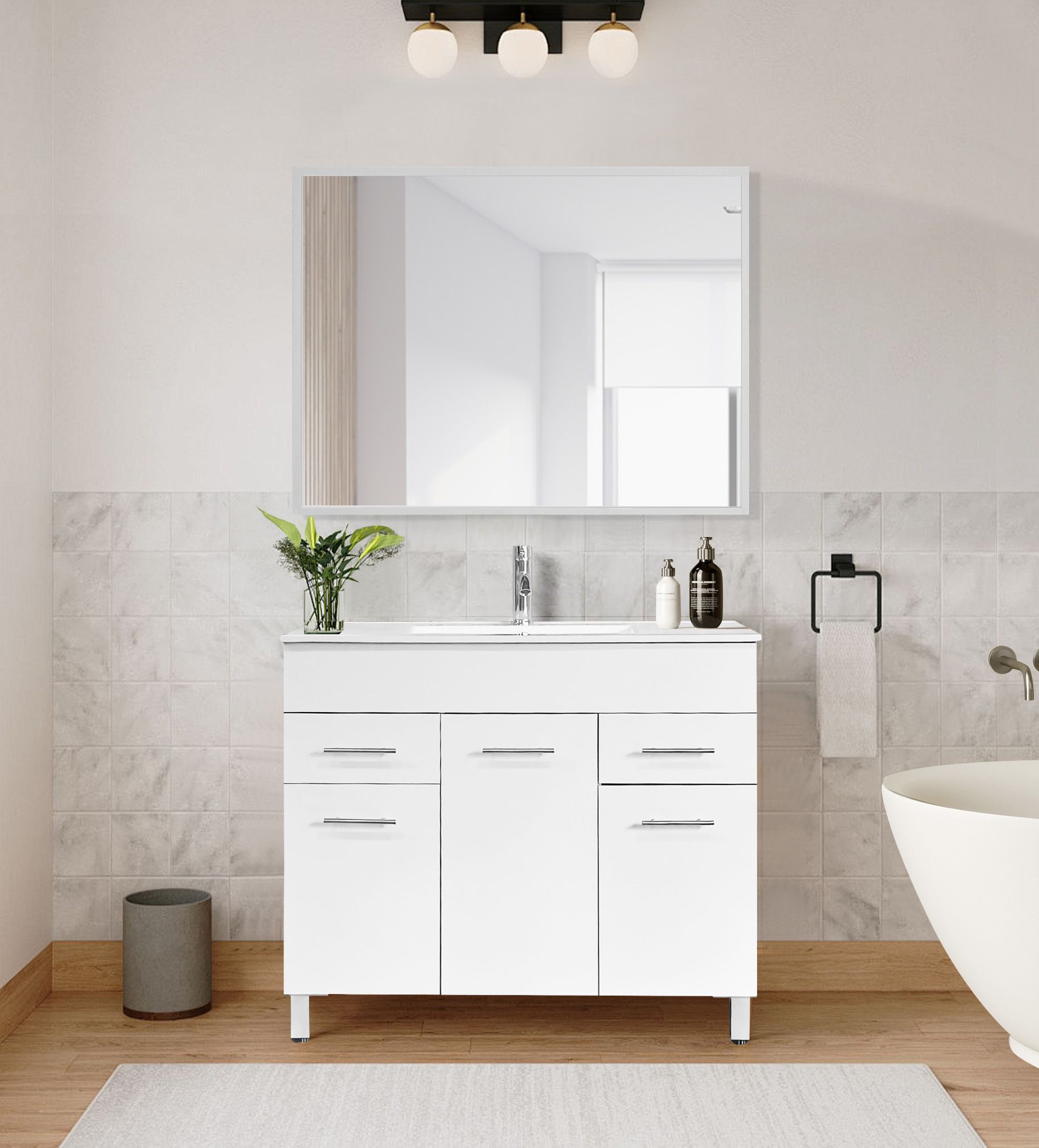 ארון אמבטיה עומד ברוחב 100 ס"מ עם כיור חרס ומראה דגם לוטוס Lotus מבית טודו דיזיין