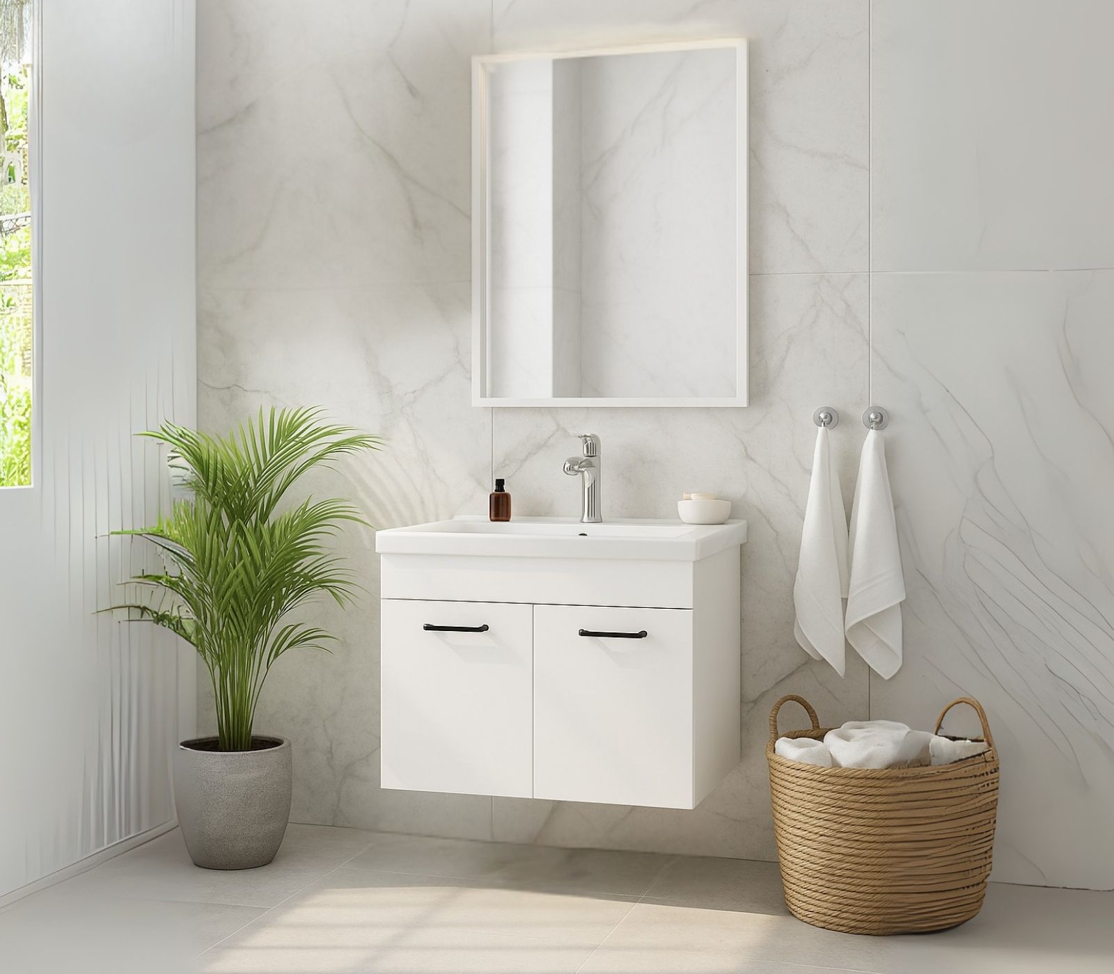 ארון אמבטיה תלוי 80 ס"מ דגם יסמין כולל כיור חרס ומראה מבית טודו דיזיין