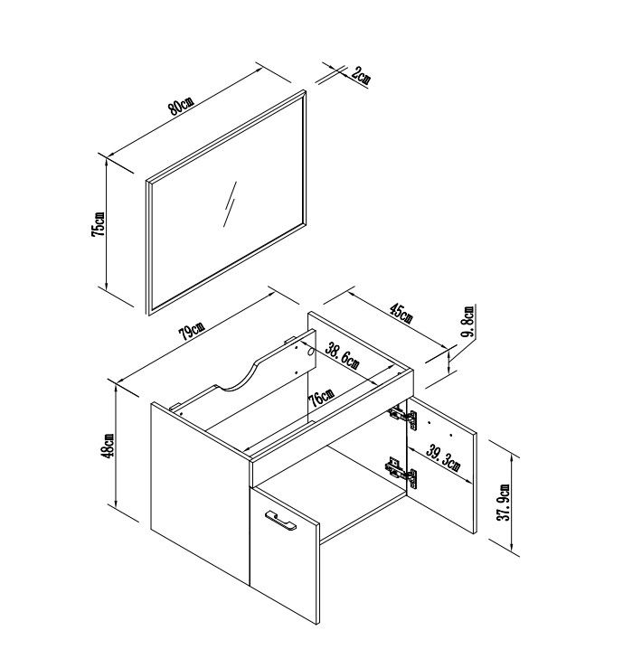ארון אמבטיה תלוי 80 ס"מ דגם יסמין כולל כיור חרס ומראה מבית טודו דיזיין