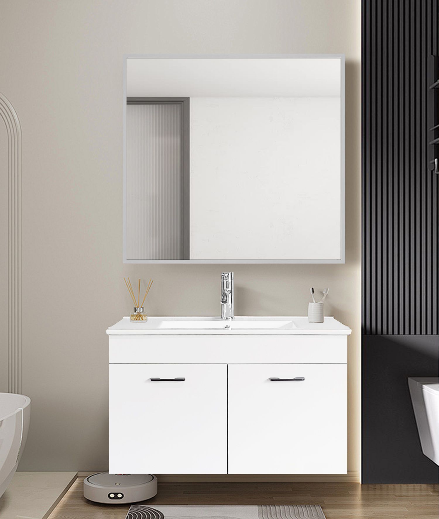 ארון אמבטיה תלוי 80 ס"מ דגם יסמין כולל כיור חרס ומראה מבית טודו דיזיין