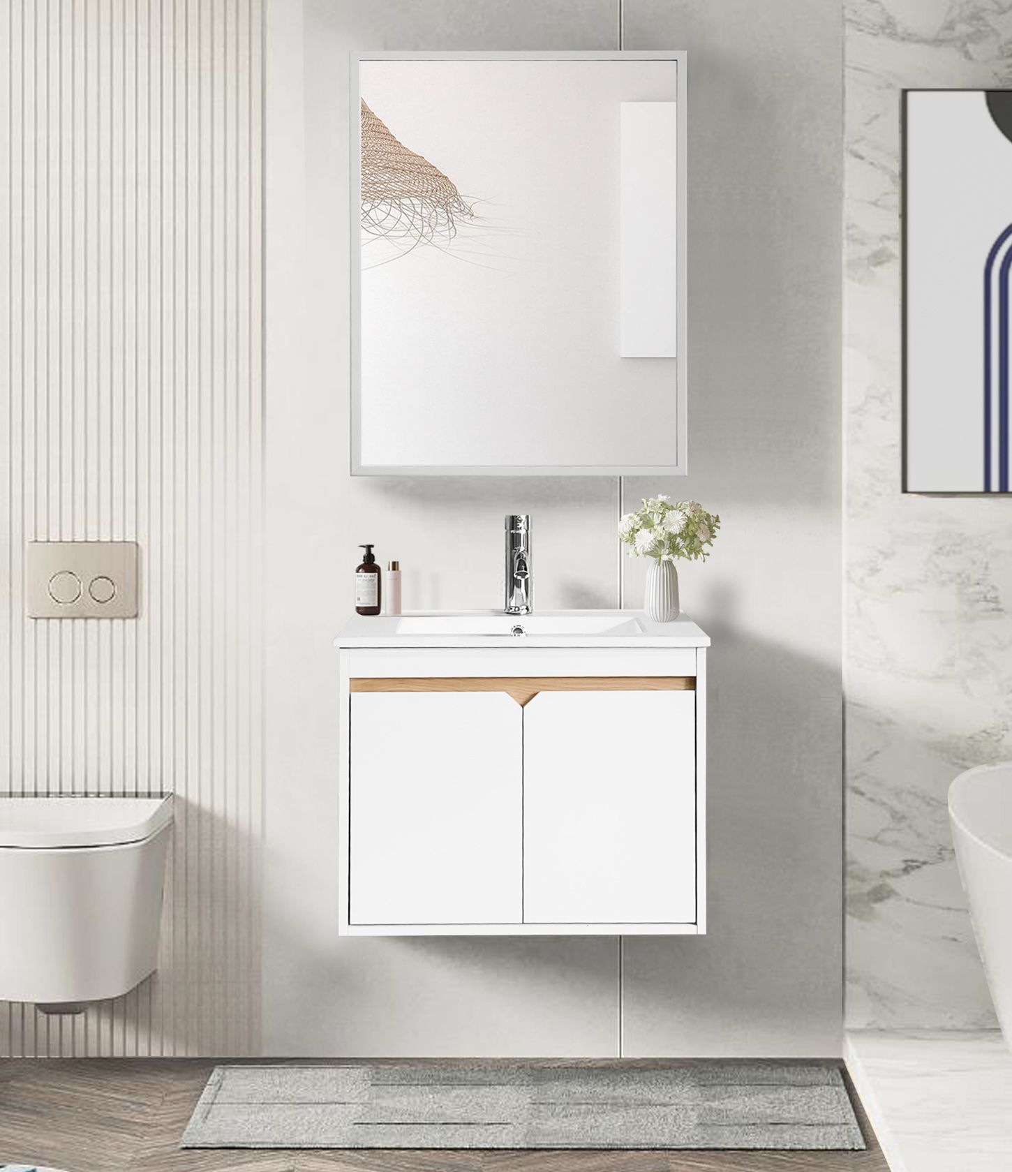 ארון אמבטיה תלוי ברוחב 60 ס"מ עם כיור חרס ומראה עם מסגרת אלומיניום דגם מגנוליה מבית טודו דיזיין