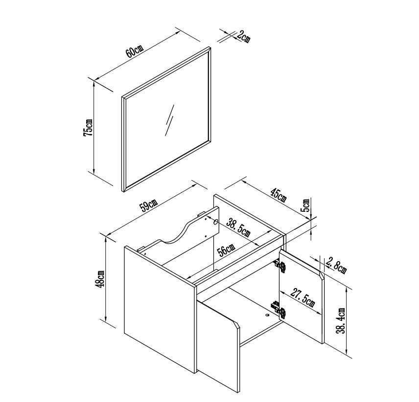 ארון אמבטיה תלוי ברוחב 60 ס"מ עם כיור חרס ומראה עם מסגרת אלומיניום דגם מגנוליה מבית טודו דיזיין