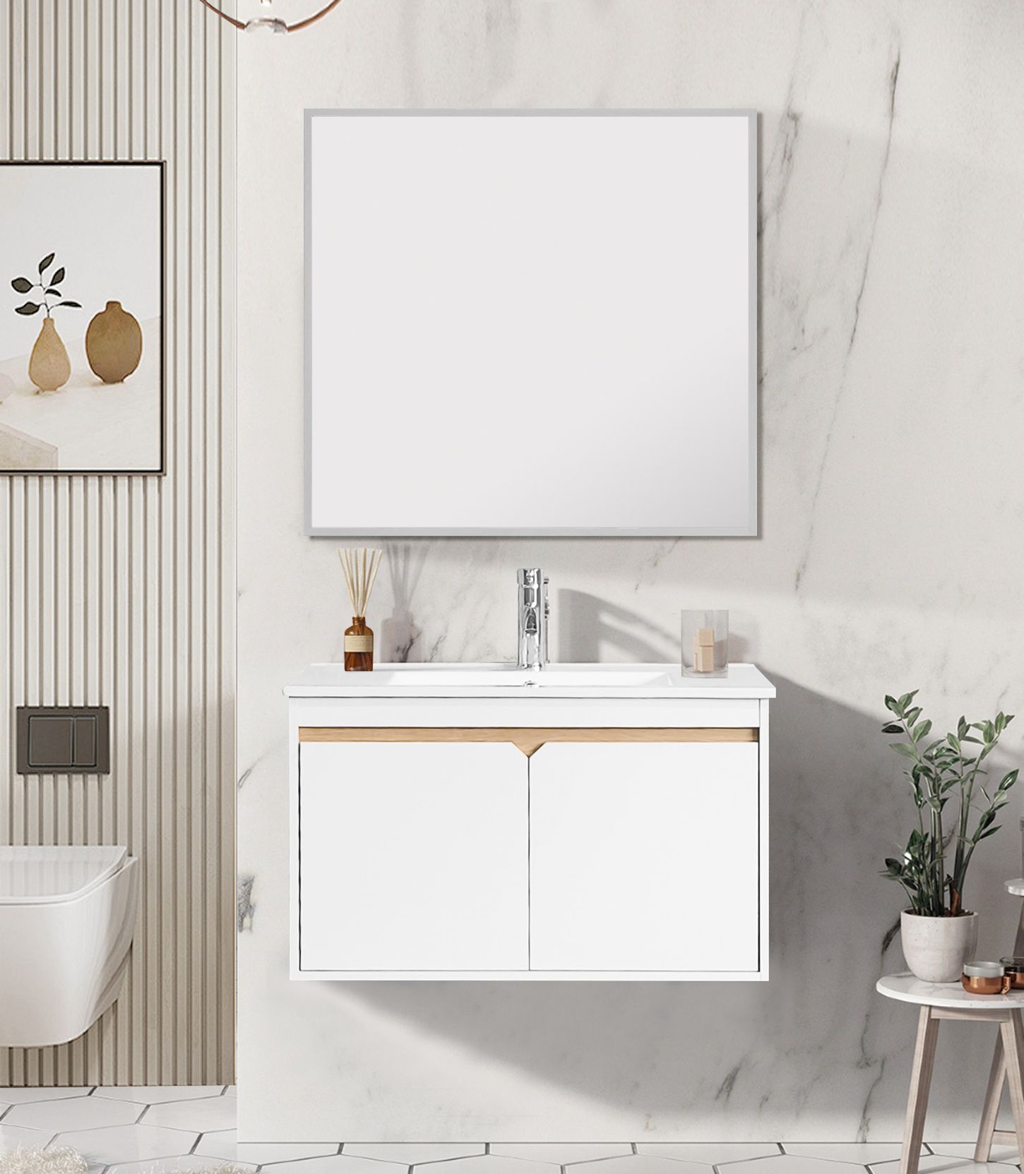 ארון אמבטיה תלוי ברוחב 80 ס"מ עם כיור חרס ומראה דגם מגנוליה מבית טודו דיזיין