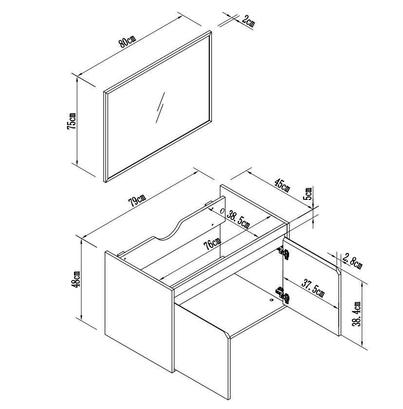 ארון אמבטיה תלוי ברוחב 80 ס"מ עם כיור חרס ומראה דגם מגנוליה מבית טודו דיזיין