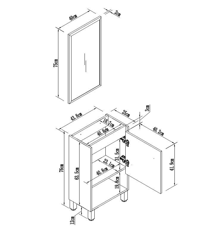 ארון שירותי אורחים עומד 45 ס"מ כולל כיור ומראה דגם קמליה מבית טודו דיזיין