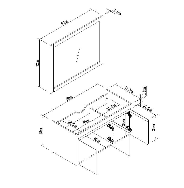 ארון אמבטיה תלוי 100 ס"מ כולל מראה וכיור דגם טוליפ מבית טודו דיזיין
