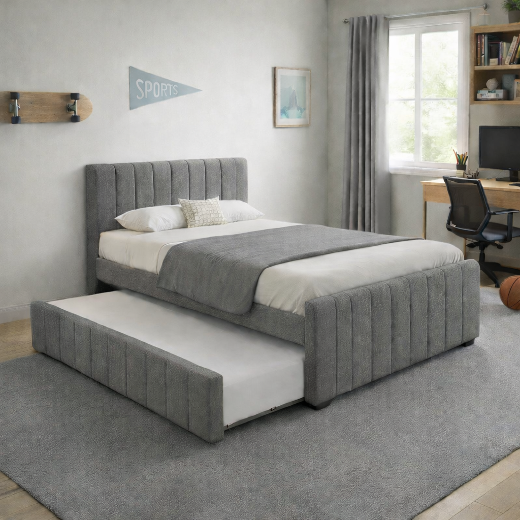 מיטה ברוחב וחצי 120×190 מרופדת בד רחיץ עם מיטת חבר דגם סנדי מיטה ברוחב וחצי 120×190 מרופדת בד רחיץ עם מיטת חבר דגם סנדי