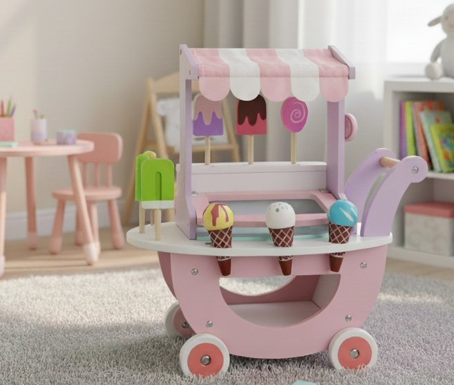 עגלת גלידה ורודה מעץ דגם W10A095 מבית BUBU