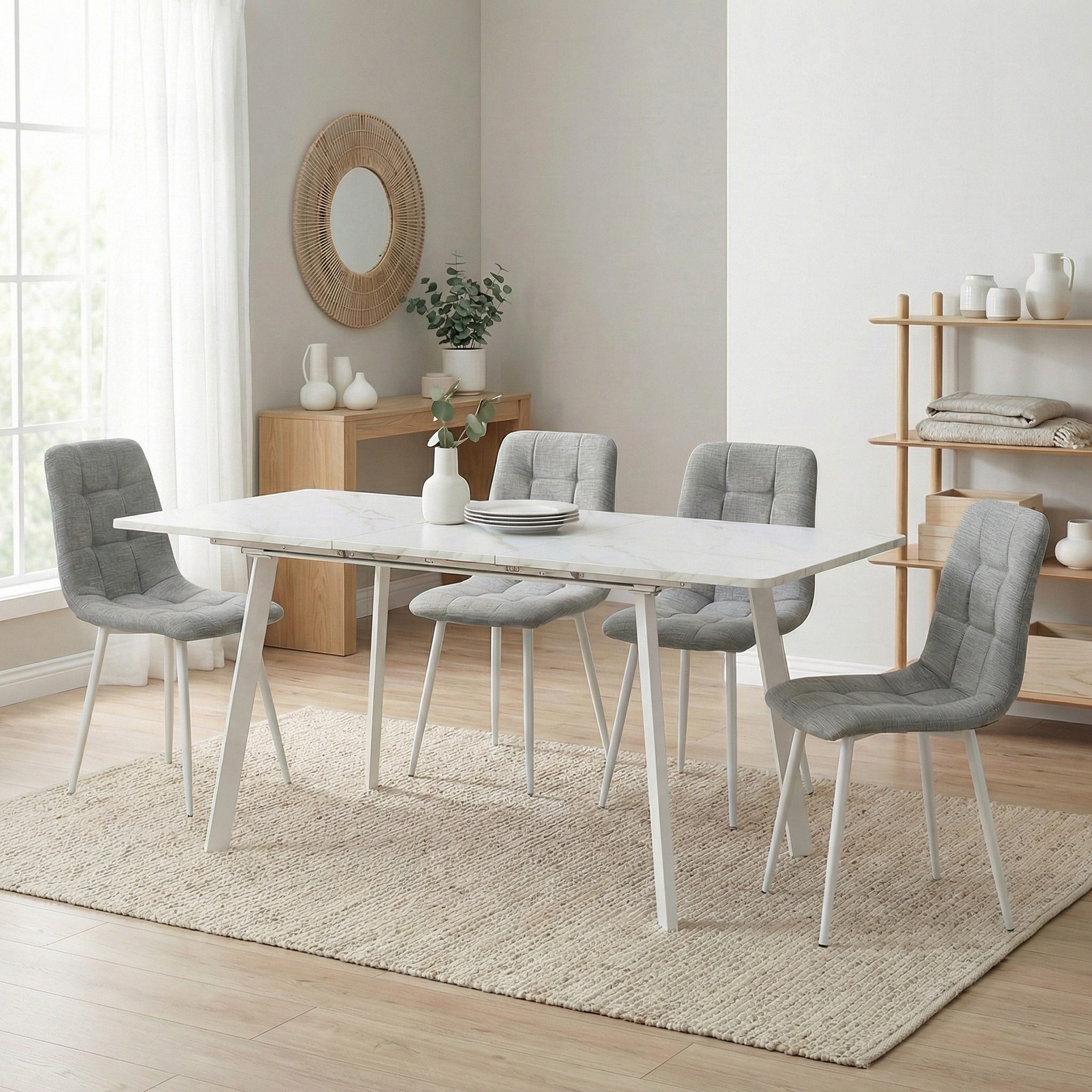 פינת אוכל נפתחת דגם שולחן אריאל לבן וכיסאות גלית אפור מבית HOME DECOR