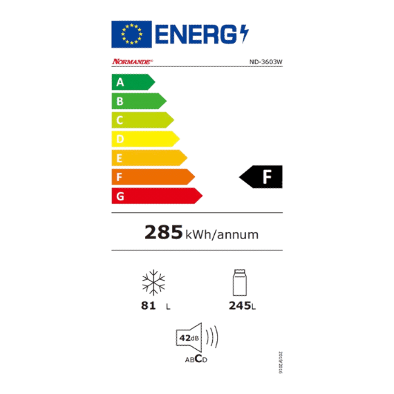 מקרר מקפיא עליון בנפח 326 ליטר דגם ND-3603W מבית Normande