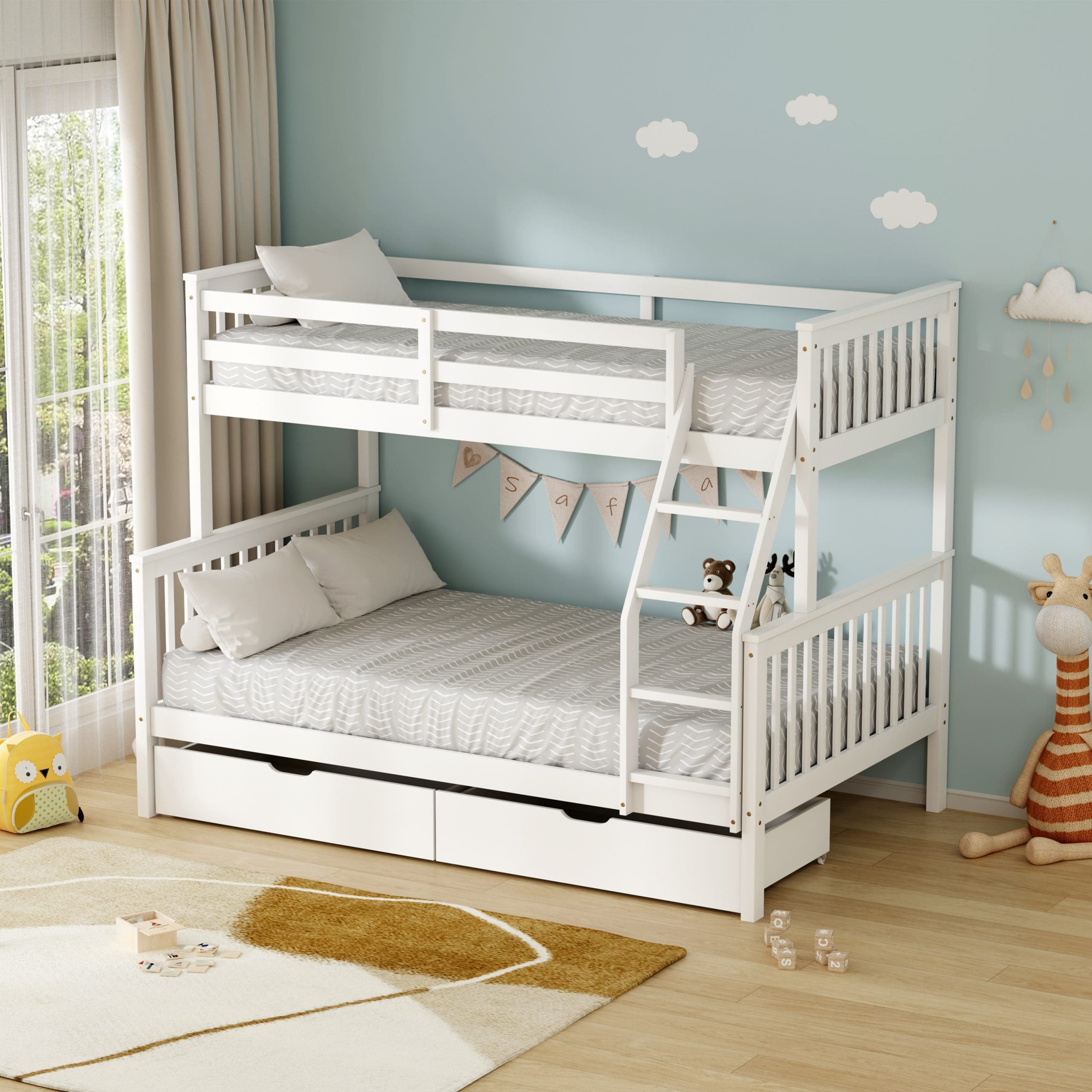 מיטת קומתיים מעץ מלא עם מגירות אחסון ו-2 מזרנים דגם אלאדין מבית DORI