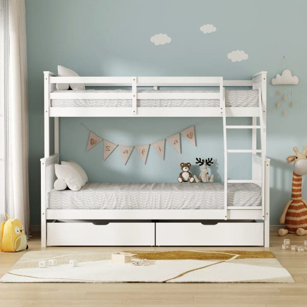 מיטת קומתיים מעץ מלא עם מגירות אחסון ו-2 מזרנים דגם אלאדין מבית DORI