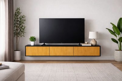 מזנון צף בצבע אלון ושחור מט עם 3 תאי אחסון דגם אבינועם מבית RAMOS