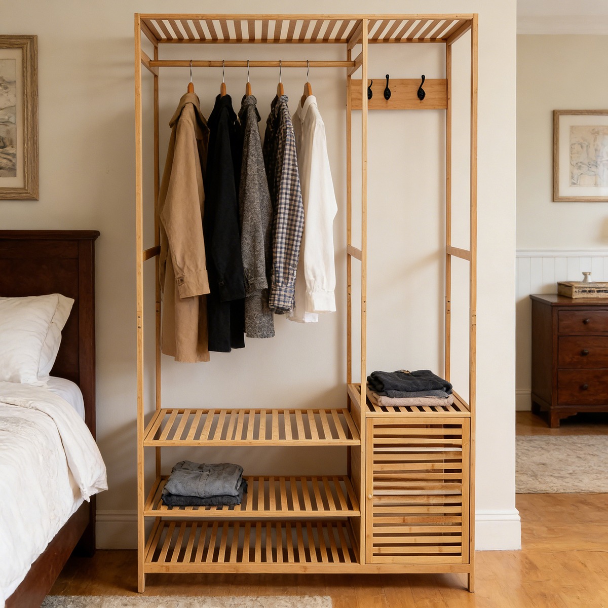 מתלה בגדים מבמבוק עם מדפים וארונית דגם אגוסטין מבית RAMOS