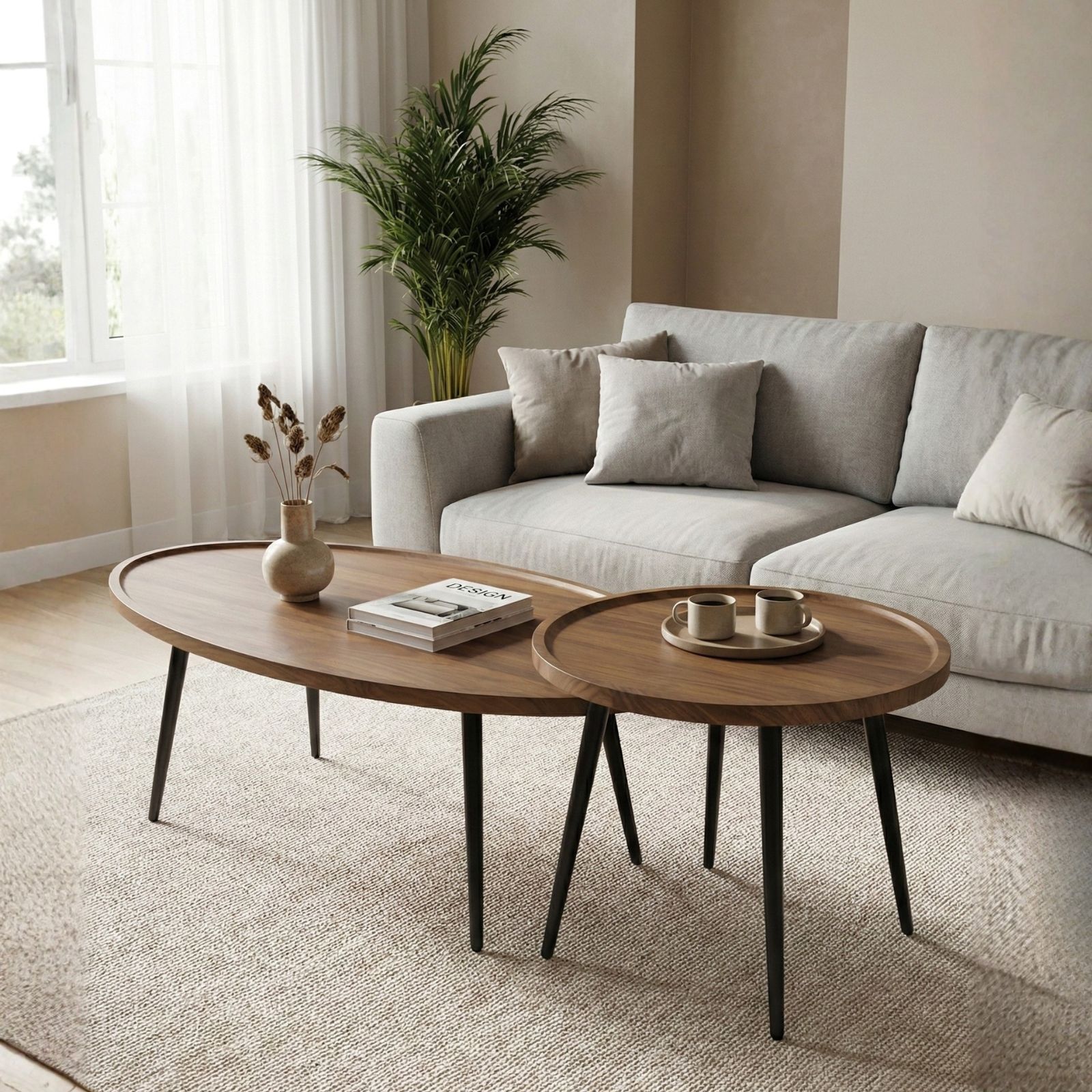 זוג שולחנות סלון בגוון אגוז עם רגלי מתכת שחורות דגם מנהטן Manhattan מבית Tudo Design זוג שולחנות סלון בגוון אגוז עם רגלי מתכת שחורות דגם מנהטן Manhattan מבית Tudo Design