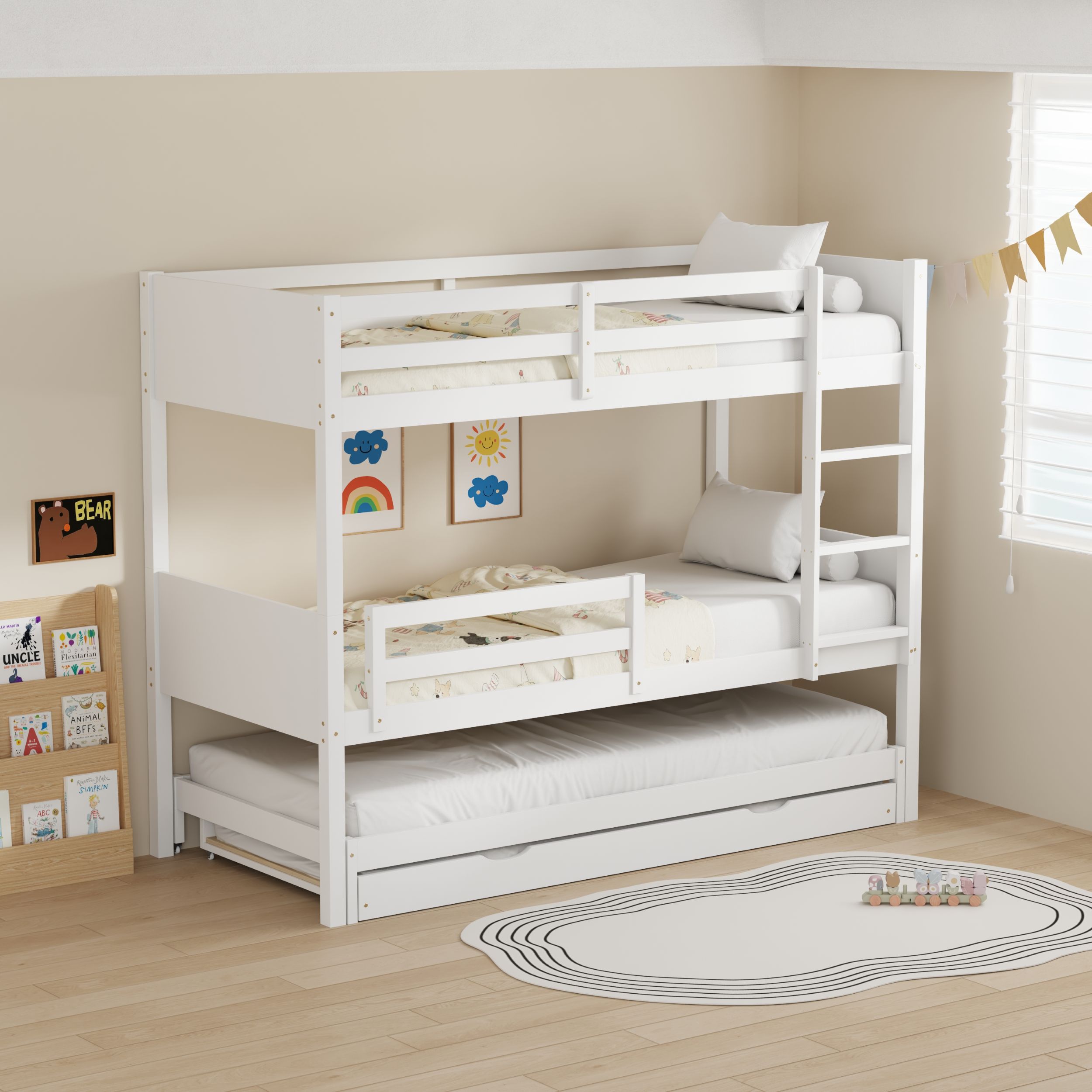 מיטת קומתיים מעץ מלא עם 2 מיטות חבר ו-4 מזרנים דגם ביל מבית DORI