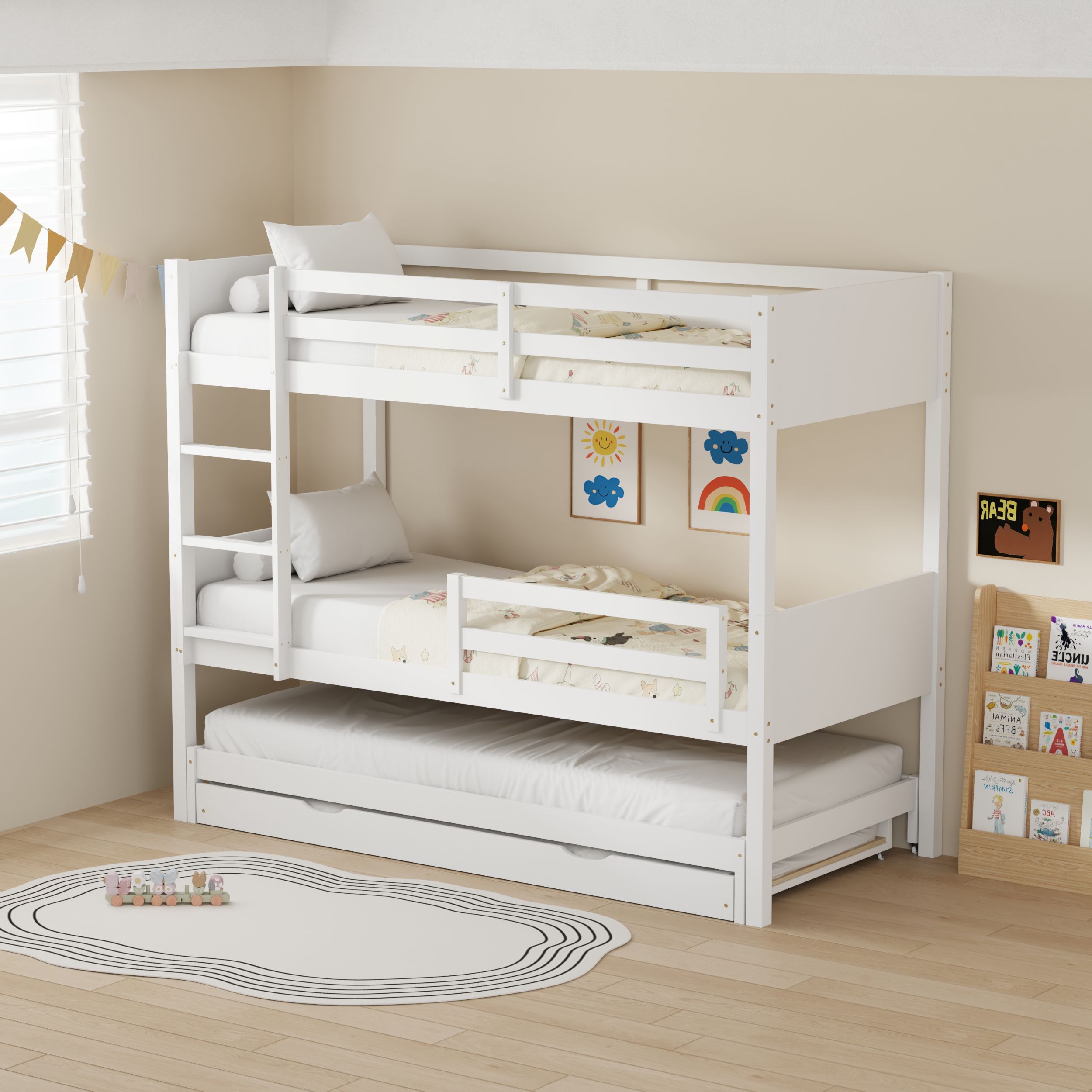 מיטת קומתיים מעץ מלא עם 2 מיטות חבר ו-4 מזרנים דגם ביל מבית DORI