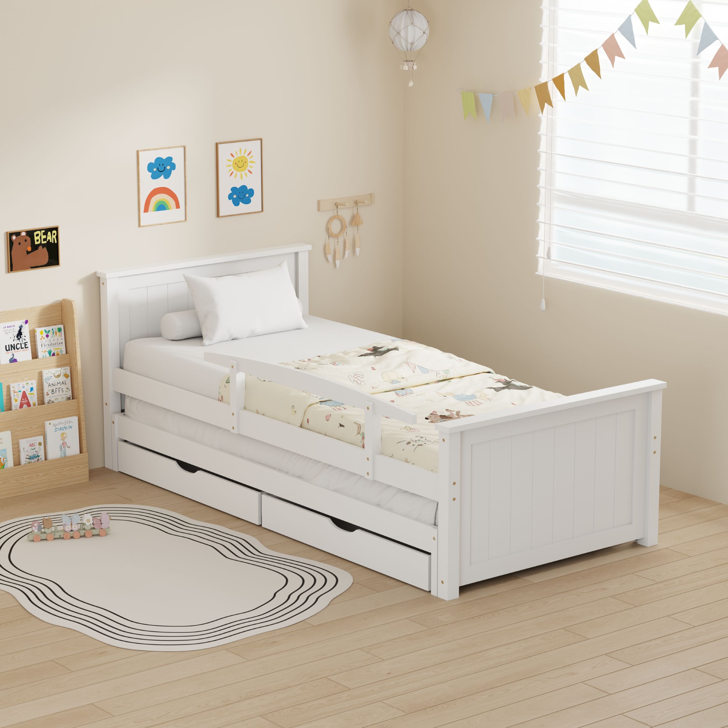 מיטת ילדים מעץ מלא עם מיטת חבר ומגירות דגם סמיילי מבית DORI