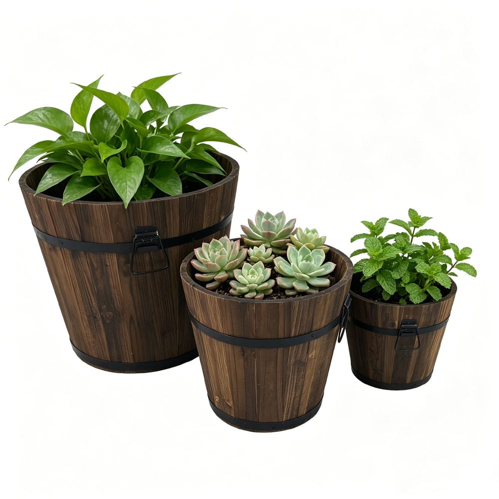 סט 3 חביות שתילה מעץ מלא בגדלים שונים דגם 2111 מבית טיפות טבע